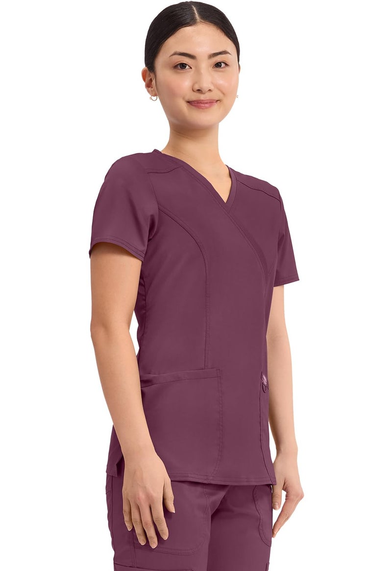 Cherokee Scrubs Top for Women Mock Wrap with 3 Pockets, Soft, 2-Way Stretch & Durable Fabric - WW610, M, Wine - Image 4